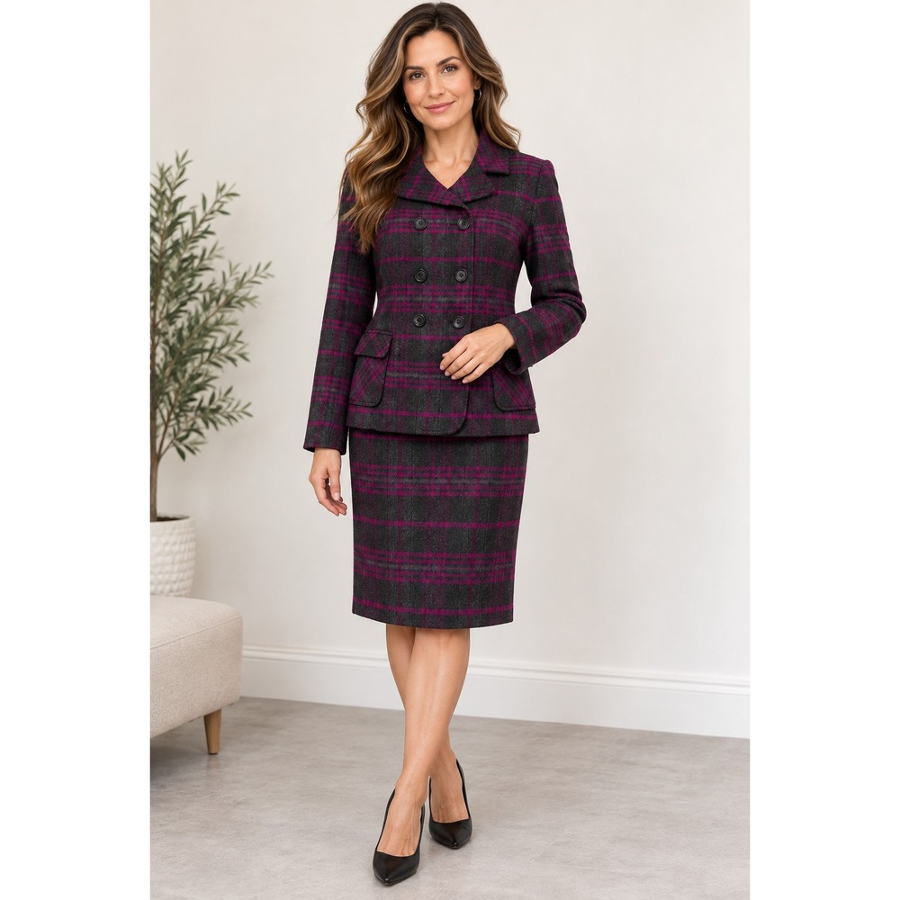 Charles Gray London 10 M Plaid Wool Blend Double Breasted Skirt Suit Set Purple